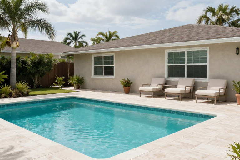 AI-generated backyard concept with a rectangular pool, pale patio, outdoor seating and palms.